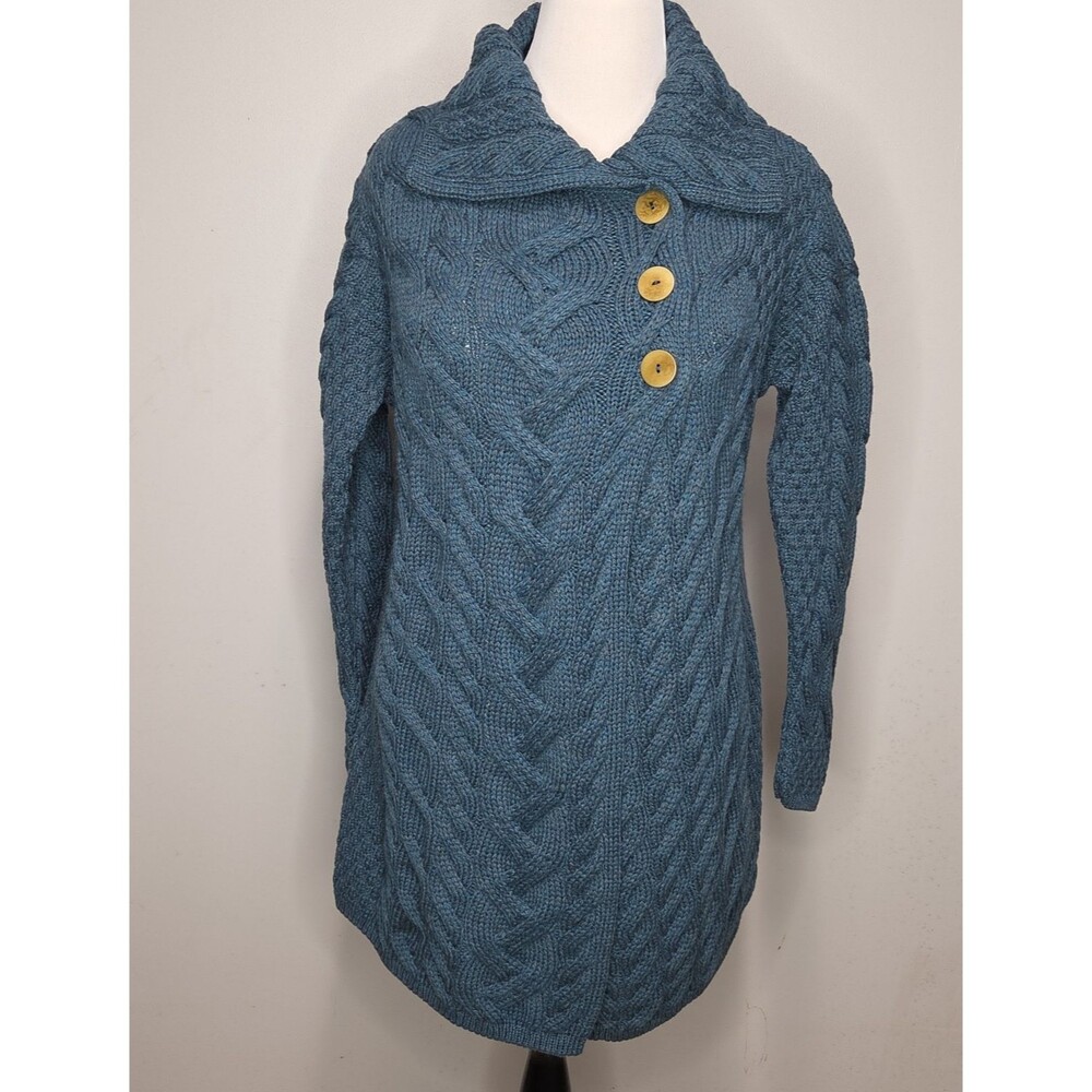 Aran Woollen Mills Cardigan Womens 2XL XXL Teal Merino Wool Cable Knit Sweater